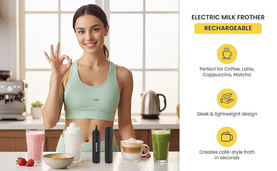 Rechargeable Milk Frother Handheld, Electric Coffee Frother Mini Whisk with Stand, Stainless Steel Foam Maker for Cappuccino, Lattes, Matcha & Hot Chocolatel
