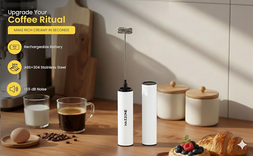 Rechargeable Milk Frother Handheld, Electric Coffee Frother Mini Whisk with Stand, Stainless Steel Foam Maker for Cappuccino, Lattes, Matcha & Hot Chocolatel