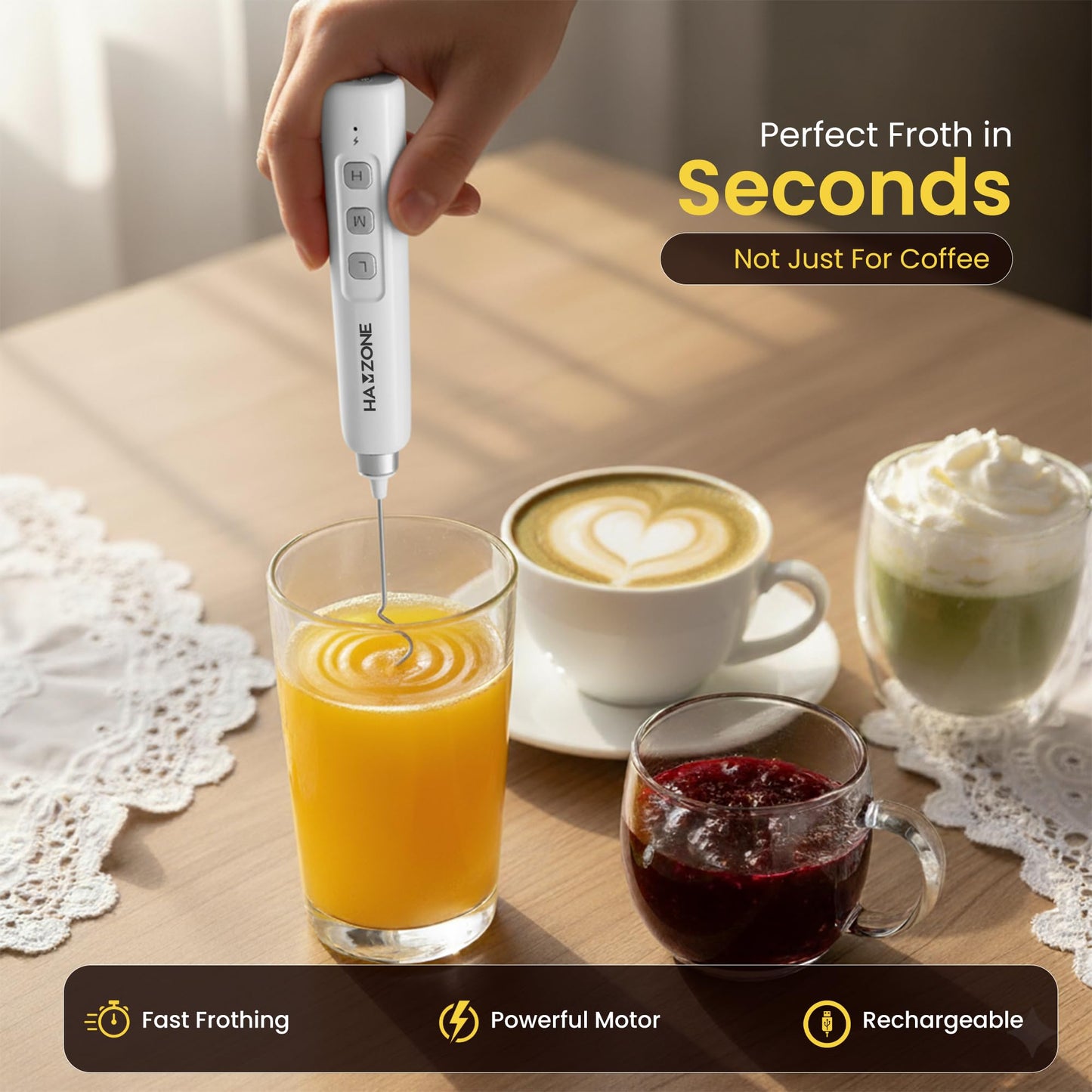 Hamzone Rechargeable Milk Frother Handheld, Electric Coffee Frother Mini Whisk with Stand, Stainless Steel Foam Maker for Cappuccino, Lattes, Matcha & Hot Chocolate