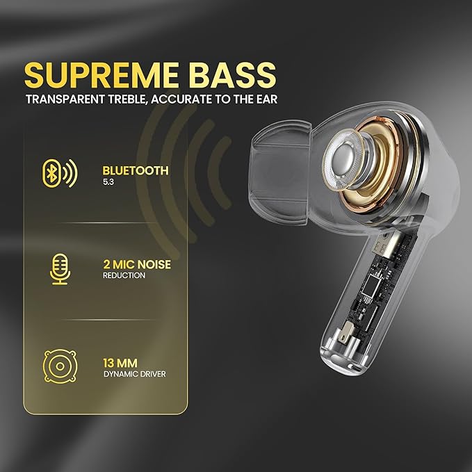 Wireless Bluetooth Earbuds I Quad Mic ENC, 40H Playtime, Type C Fast Charging I Earphones for Calls, Movies & Gaming with 55ms Low Latency I Deep Bass, Clear Quality with Noise Cancellation