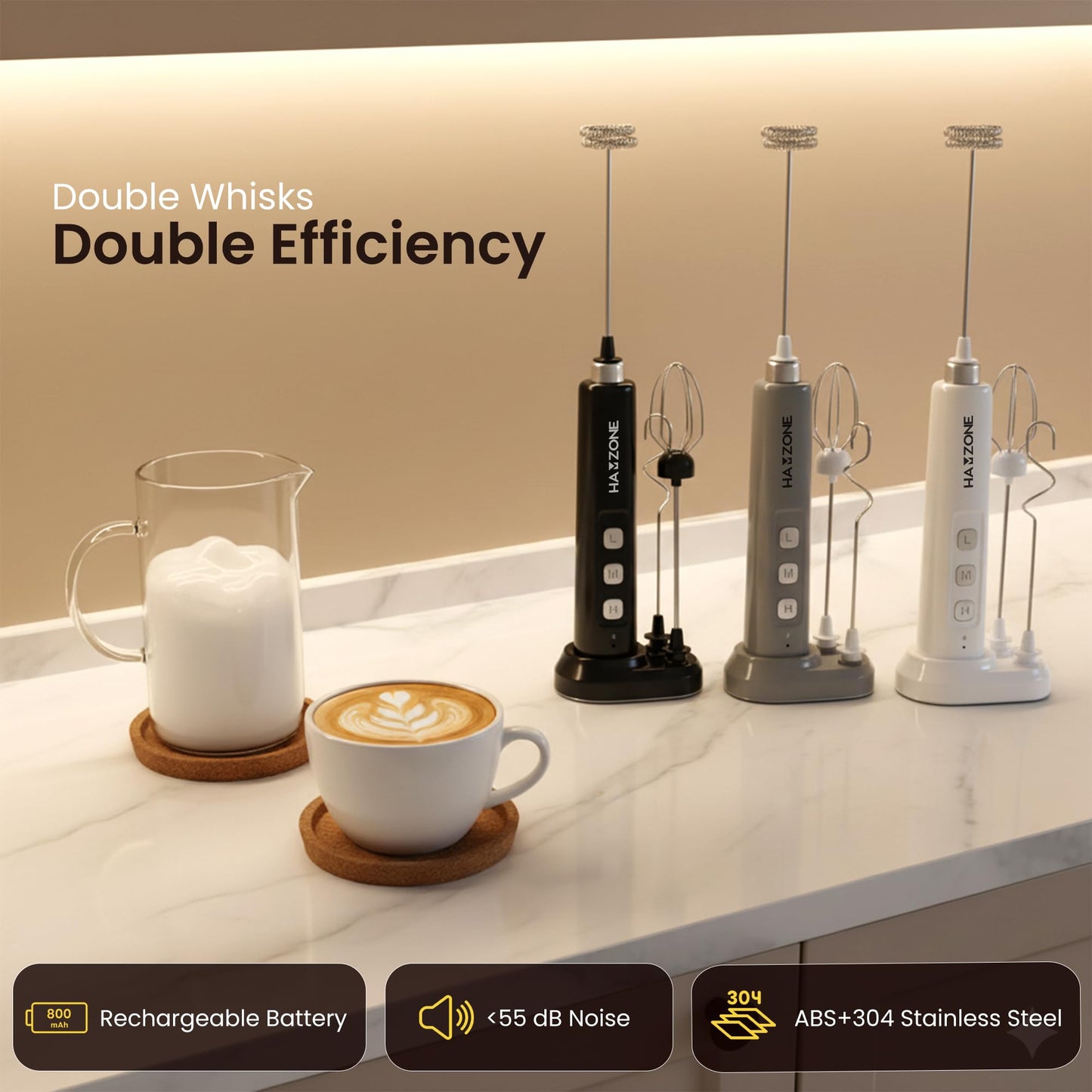 Hamzone Rechargeable Milk Frother Handheld, Electric Coffee Frother Mini Whisk with Stand, Stainless Steel Foam Maker for Cappuccino, Lattes, Matcha & Hot Chocolate