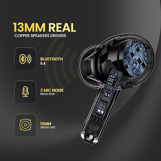 Wireless Bluetooth Earbuds I Quad Mic ENC, 32H Playtime, Type C Fast Charging I Earphones for Calls, Movies & Gaming with 13mm Cooper Speakers I Deep Bass, Clear Quality & Water Proof