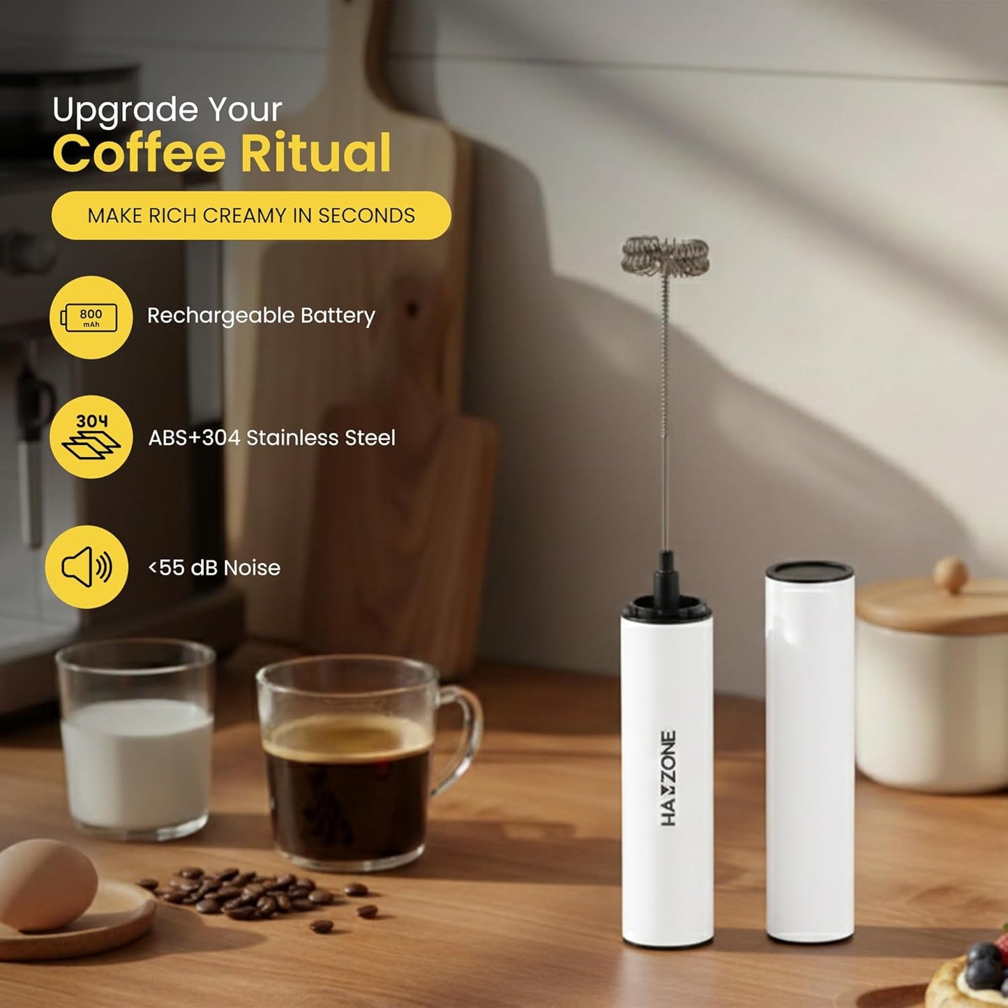 Rechargeable Milk Frother Handheld, Electric Coffee Frother Mini Whisk with Stand, Stainless Steel Foam Maker for Cappuccino, Lattes, Matcha & Hot Chocolatel