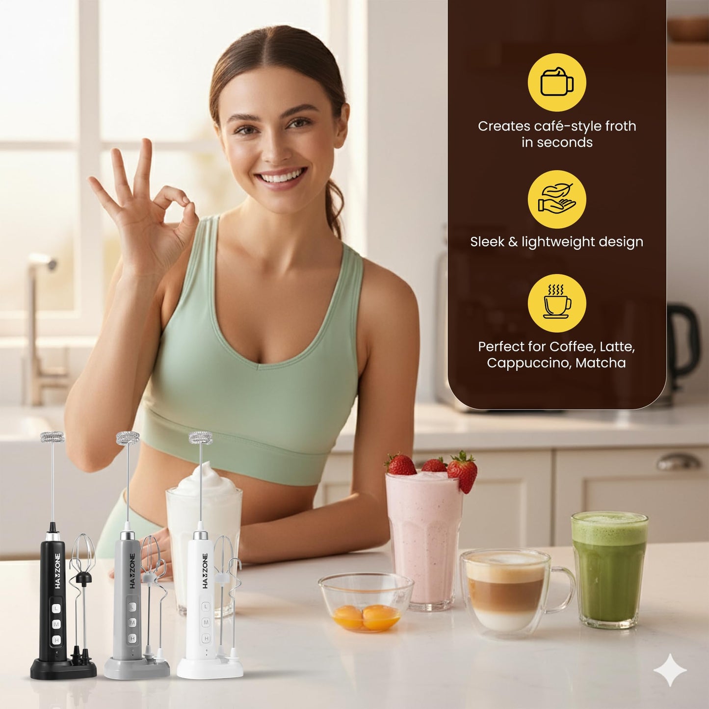 Hamzone Rechargeable Milk Frother Handheld, Electric Coffee Frother Mini Whisk with Stand, Stainless Steel Foam Maker for Cappuccino, Lattes, Matcha & Hot Chocolate