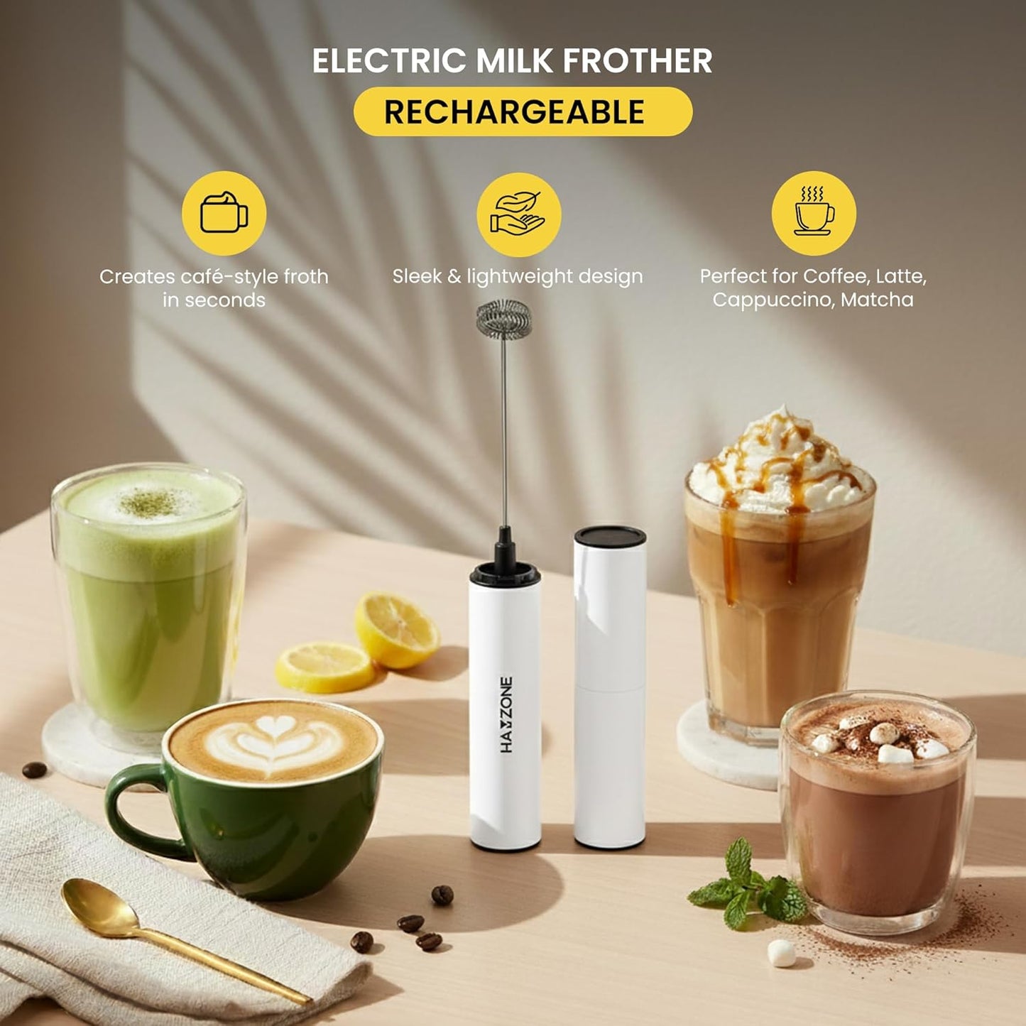 Rechargeable Milk Frother Handheld, Electric Coffee Frother Mini Whisk with Stand, Stainless Steel Foam Maker for Cappuccino, Lattes, Matcha & Hot Chocolatel